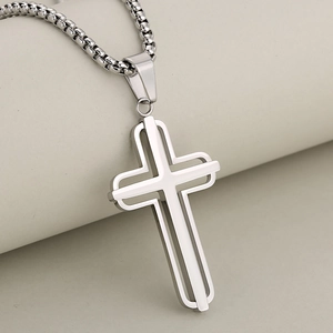 Polished silver stainless steel hollow cross pendant necklace with box chain