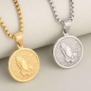 Retro stainless steel praying hands coin pendant necklace in gold and silver finish