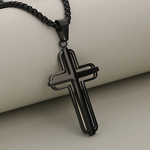 Minimalist double-layer hollow black stainless steel cross pendant necklace with box chain