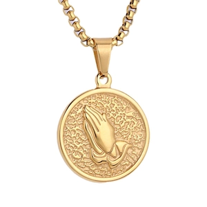 Vintage stainless steel gold coin pendant necklace featuring 3D embossed praying hands