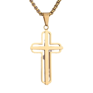 Minimalist gold hollow layered cross pendant necklace with high-polish stainless steel box chain