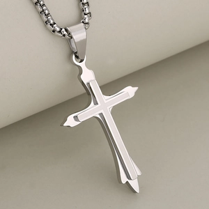 Fashionable double-layered stainless steel cross pendant necklace with box chain for men