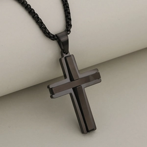 Minimalist black stainless steel cross pendant with layered design and box chain necklace