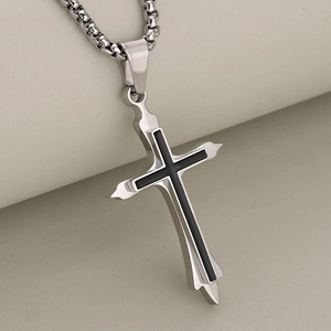 Men's double-layered stainless steel cross pendant necklace with black insert on silver chain