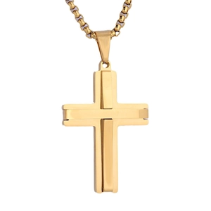 Polished gold stainless steel cross pendant necklace with box chain for modern men