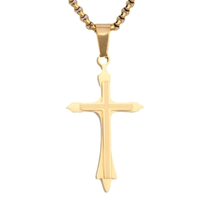 Polished double-layered golden stainless steel cross pendant necklace with box chain