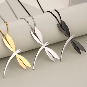 Three minimalist stainless steel dragonfly pendant necklaces in gold, silver and black