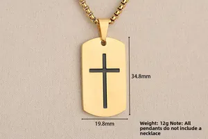 Detailed macro view of golden stainless steel cross dog tag pendant, size 34.8mm x 19.8mm