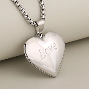Polished heart locket necklace in stainless steel with Love engraving and box chain