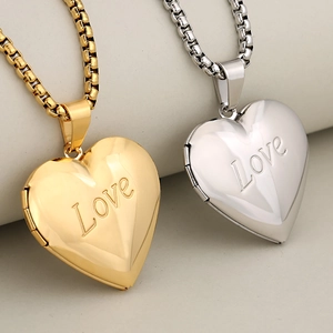 Polished stainless steel heart locket necklaces with Love engraving in gold and silver