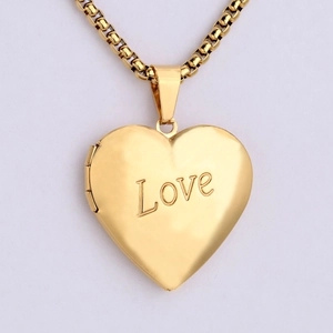 Gold heart locket necklace with Love engraving and polished box chain for women