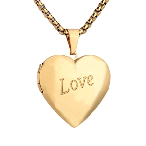 Polished gold stainless steel heart locket necklace with Love engraving and box chain