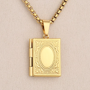 Minimalist gold stainless steel book locket necklace with vintage embossed floral patterns