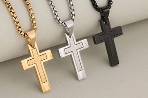 Three-color hip-hop cross pendant necklaces in gold, silver, and black polished steel