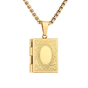 Elegant gold book-shaped locket pendant necklace with intricate floral engravings