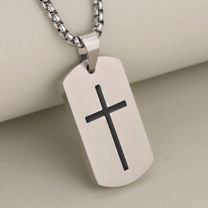 Men's stainless steel dog tag necklace with black cross and brushed metal finish