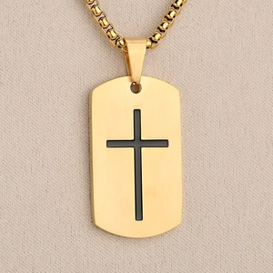 Gold stainless steel dog tag necklace with black cross pendant on box chain for men