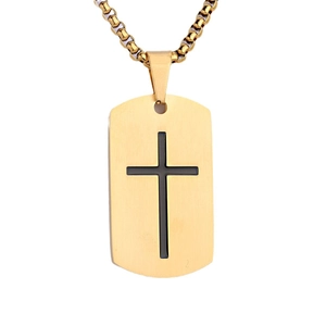Men's hip hop dog tag necklace in gold stainless steel with a black cross design