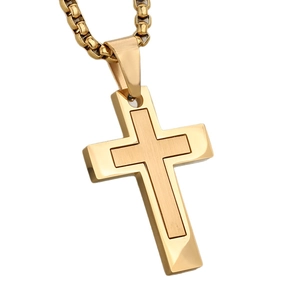 Dual-layer gold stainless steel cross necklace with polished finish on white background