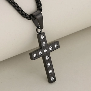 Polished black stainless steel cross pendant necklace with clear zircon stones and box chain