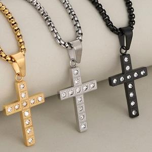 Three-pack stainless steel cross pendant necklaces in gold, silver, and black finish