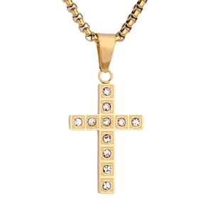 Elegant gold stainless steel cross necklace with inlaid crystals and a chunky chain