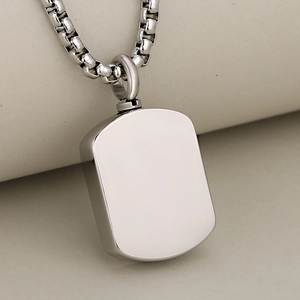 Polished stainless steel rectangular pet memorial urn pendant with paw print on box chain