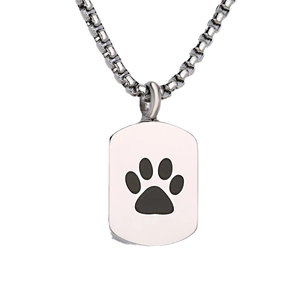 Polished stainless steel rectangular pet cremation urn necklace with black paw print design