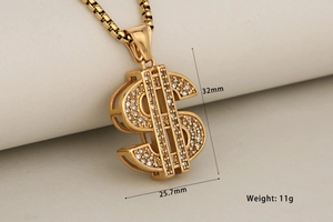 Vista detallada del colgante de signo de dólar en oro con 32mm de altura y 11g