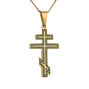 Golden Orthodox Slavic cross necklace pendant in stainless steel on white background