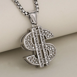 Collar de hip hop con colgante de signo de dólar plateado y cristales brillantes