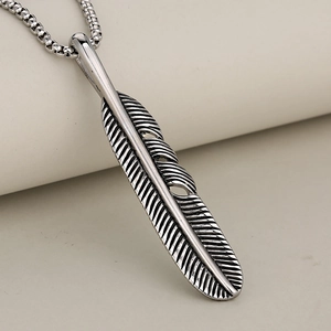 Retro stainless steel feather pendant necklace with vintage oxidized silver finish