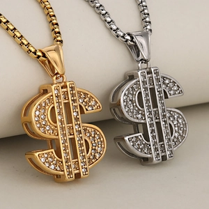 Colgantes de signo de dólar en oro y plata con circonitas brillantes y cadena para hombre