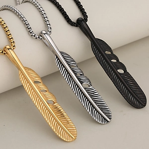 Vintage stainless steel feather pendant necklaces in gold, silver and black finishes