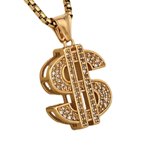 Collar colgante con signo de dólar dorado hip hop con pedrería brillante y cadena box