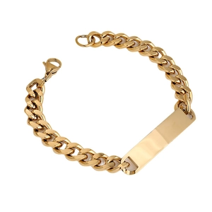Polished gold stainless steel Cuban chain bracelet with customizable ID plate and lobster clasp