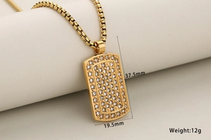 Detail view of iced out gold rectangle pendant showing 37.5mm height and 19.5mm width