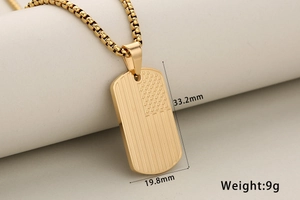 Detailed dimensions of gold US flag military dog tag pendant with 33.2mm length