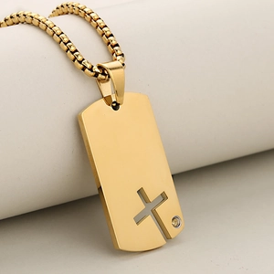 Collier Pendentif Plaque d'identité Croix Ajourée en Acier Inoxydable Punk Avec Zircone Pour Hommes Bijoux Hip Hop Personnalité Or Argent Noir