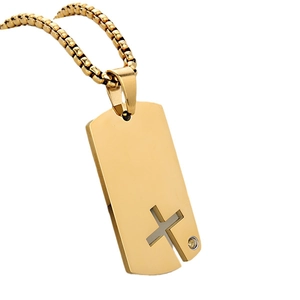 Pendentif plaque militaire punk en acier doré avec croix découpée et zircon