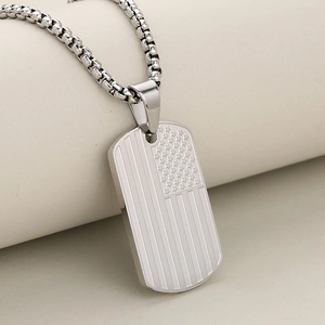 Brushed stainless steel dog tag necklace with engraved American flag stars and stripes