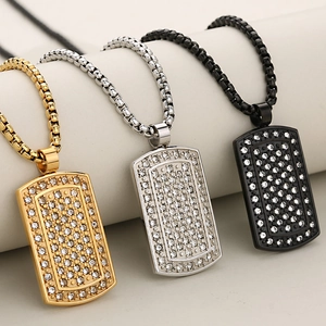 Hip hop iced out rectangular dog tag necklaces in gold, silver, and black stainless steel