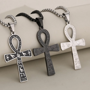 Three men's Ankh cross necklaces in silver and black finishes with Egyptian symbols