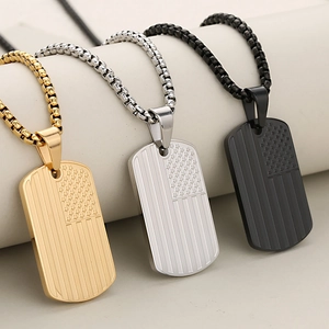 Minimalist stainless steel American flag dog tag necklaces in gold, silver, and black finishes