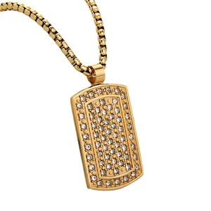Luxurious gold-plated stainless steel dog tag necklace with iced-out pave crystals