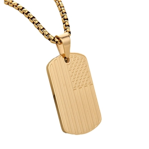 Golden stainless steel military dog tag necklace with American flag engraving and box chain