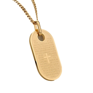 Gouden dog tag ketting met gegraveerd Onze Vader en kruis aan dikke metalen ketting