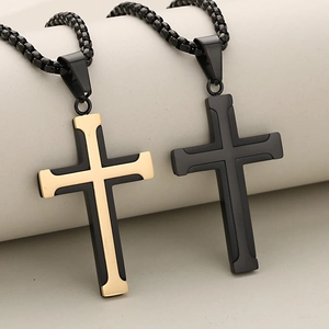 Collana con pendente a croce in acciaio inossidabile nero e oro con catena a sfere lucida