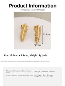 Detailed size chart for golden stainless steel feather earrings measuring 15.5mm by 5.3mm