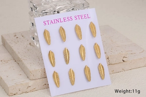 Detailed view of ten golden stainless steel feather earrings on a white display card